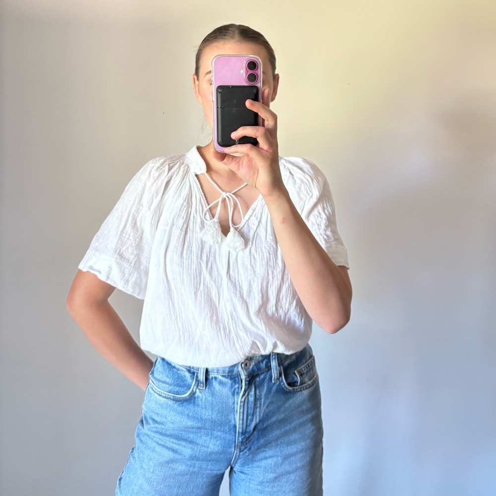 Vince Cotton Front Tie Short Sleeve White Blouse Smocked Collar Women’s Small
